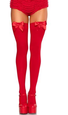 Opaque Thigh Highs w/ Satin Bow - Red