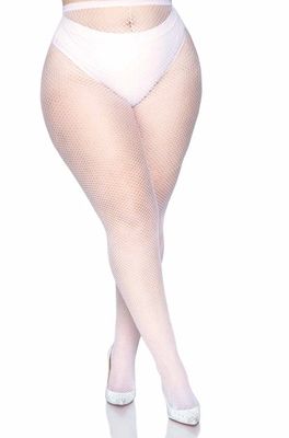 Plus Size Nylon Fishnet Tights - White