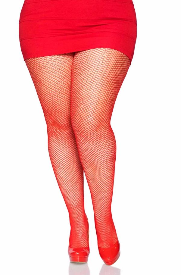 Plus Size Nylon Fishnet Tights - Red