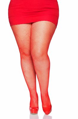 Plus Size Nylon Fishnet Tights - Red