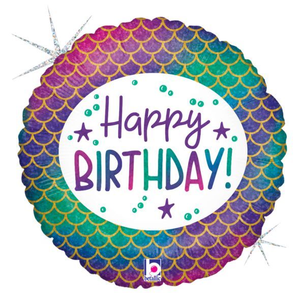 Glitter Mermaid Bday Holographic - 18" Helium Filled Foil Balloon, Ribbon