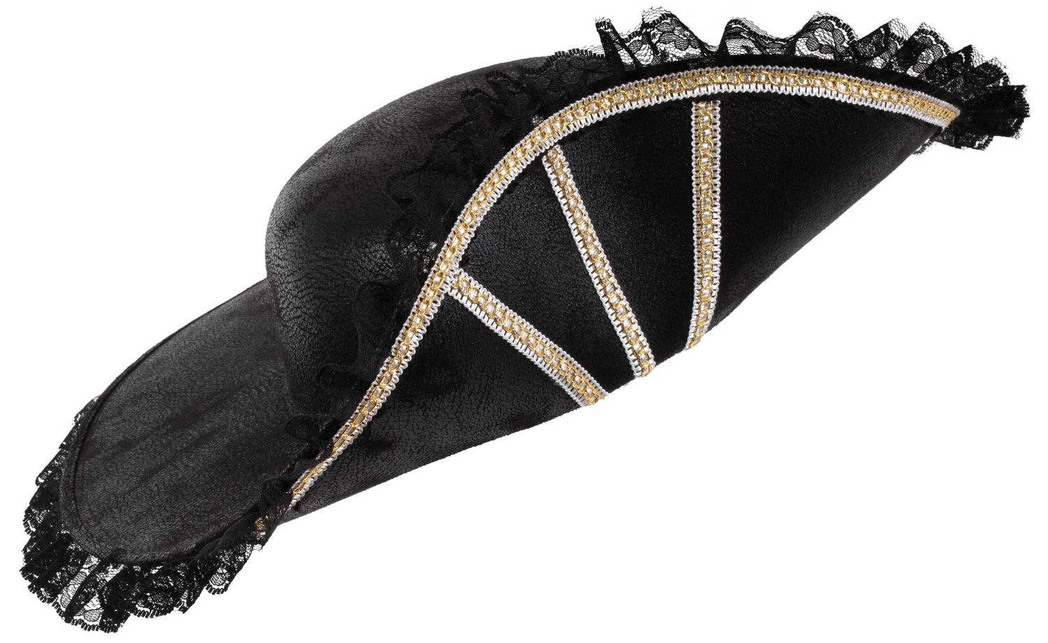 Faux Suede Pirate Bicorner With Gold/White Trim/Lace