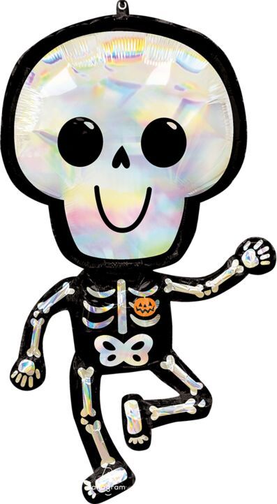 Iridescent Bare Bones Skeleton - 37" Helium Filled Foil Shaped Balloon, Ribbon
