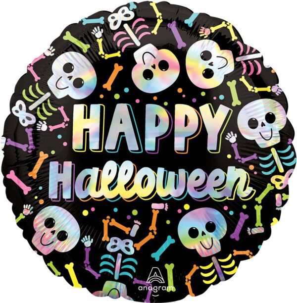Iridescent Bare Bones Halloween - 18" Helium Filled Foil Shaped Balloon, Ribbon