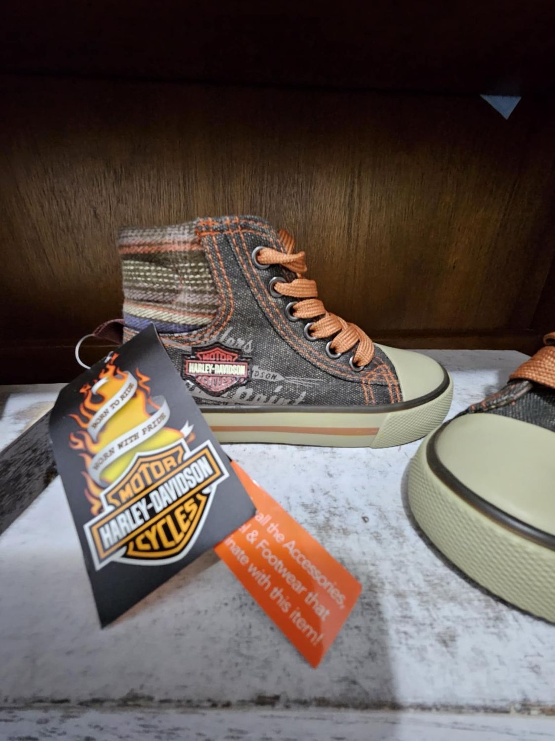 BRAND NEW Kids Harley Davidson Grey Denim High Top Sneakers Sz 8c