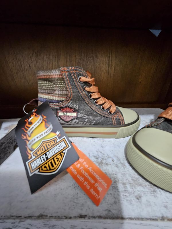 BRAND NEW Kids Harley Davidson Grey Denim High Top Sneakers Sz 8c