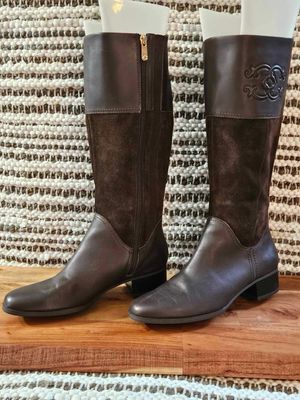 C Wonder Umber Brown Suede and Leather, Mira Emboss Logo Riding Boot sz 7.5M