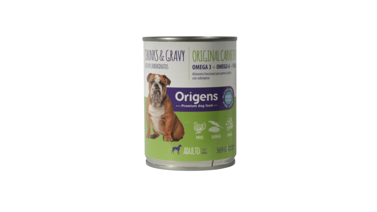 ORIGENS TROCITOS DE RES Y PAVO VEG. 369GR - ADULTO SOBREPESO