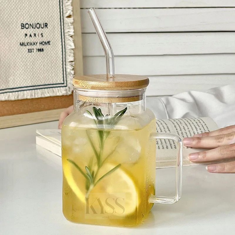 Bamboo Lid Mason Jar with Glass Straw square