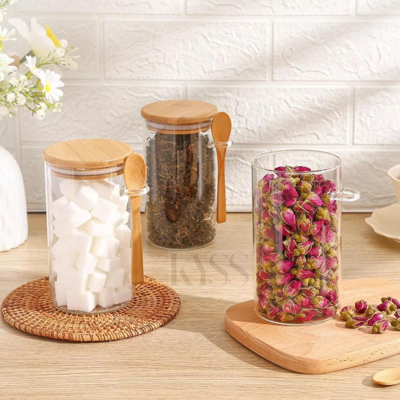 Tall Glass Jar White Bamboo Lid and Spoon **