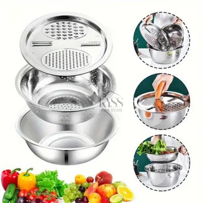 3-in-1 Stainless Steel Mixing Bowl Set with Colander &amp; Grater Lid