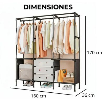 3-Section Metal Clothes Rack Wardrobe Organizer with Storage Shelves &amp; Drawers