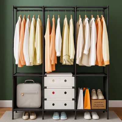 3-Section Metal Clothes Rack Wardrobe Organizer with Storage Shelves &amp; Drawers