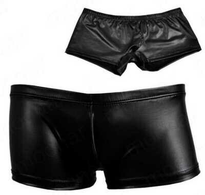 Black Faux Leather Men&#39;s Loungewear-Underwear-Swimwear-Shorts
