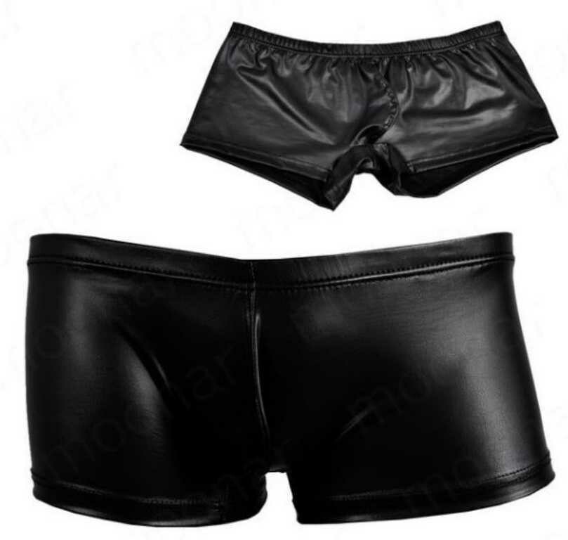 Black Faux Leather Men&#39;s Loungewear-Underwear-Swimwear-Shorts