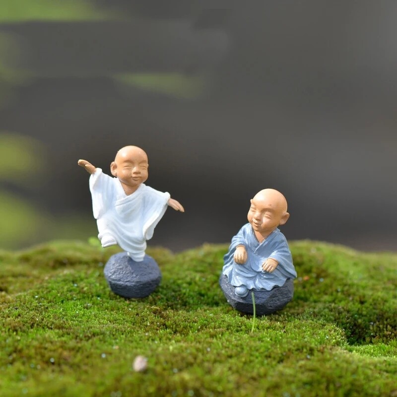 4 Little Buddhist Monk Miniature Figurines Pot Decor Ornaments