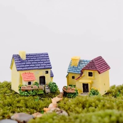 Set of 4 Solid Miniature Brick Houses for Garden-Home Pot Decor Ornaments