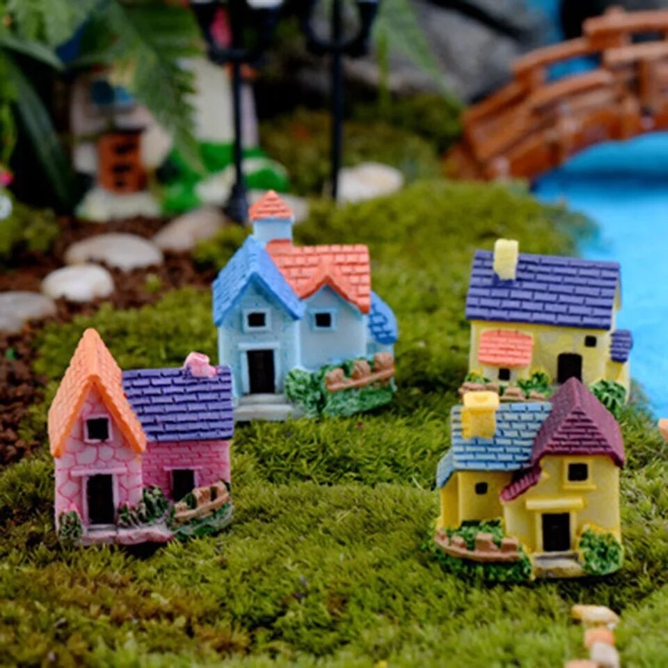 Set of 4 Solid Miniature Brick Houses for Garden-Home Pot Decor Ornaments