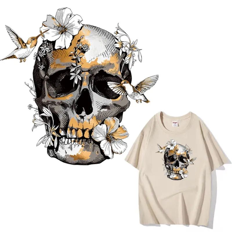 Washable T-shirt Iron-on Transfers - Floral-Bird Skull
