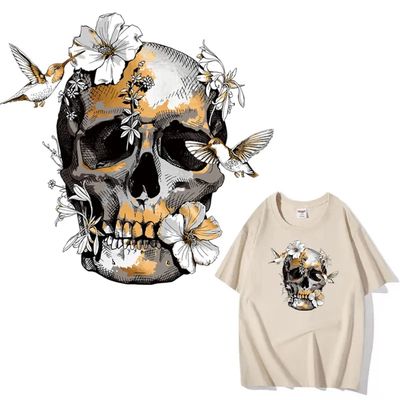 Washable T-shirt Iron-on Transfers - Floral-Bird Skull
