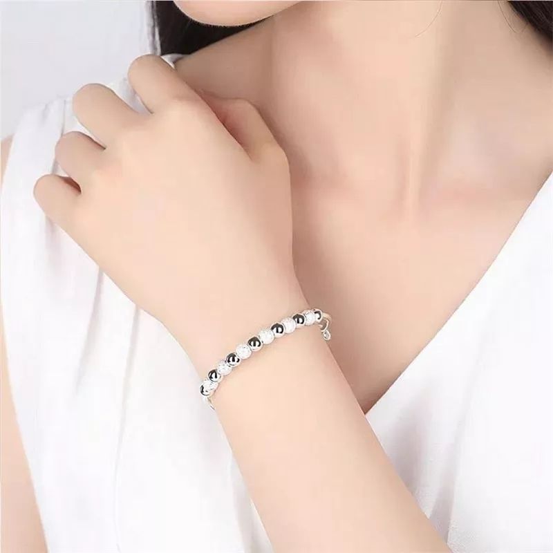 Silver Plated Frosted Beads Adjustable Cuff-Bracelet