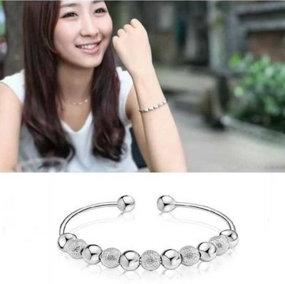 Silver Plated Frosted Beads Adjustable Cuff-Bracelet