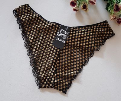 Size 4-6-8 Petite Golden Geometric on Black Lace Boyshort Panties