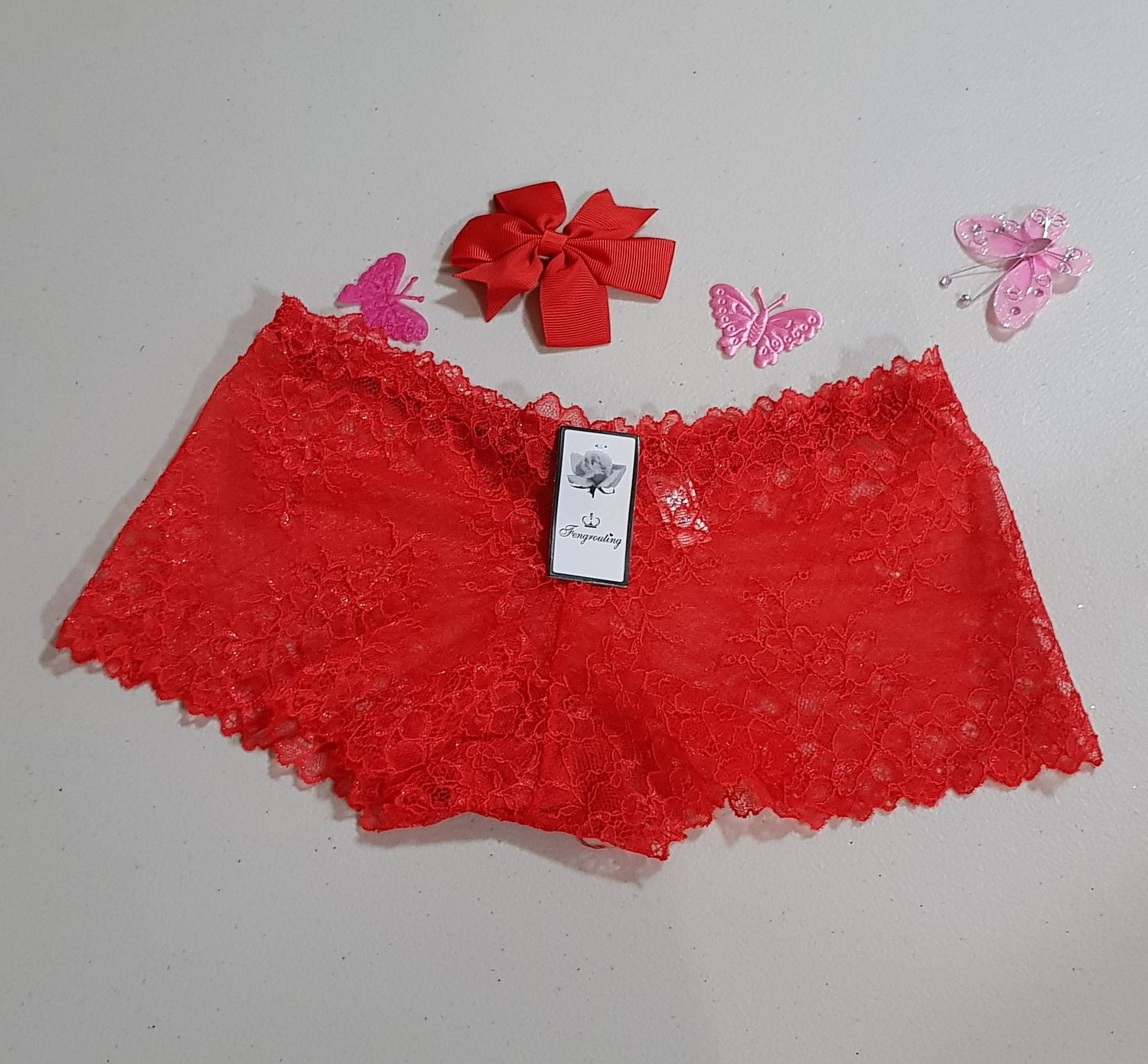 Size 6 &amp; 8 Fengrouting Scarlet Red Geometric Floral Mesh Lace Boyshorts