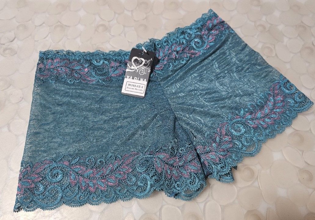Size 8 Dusty Teal Soft Mesh Geometric &amp; Floral Lace Boyshorts