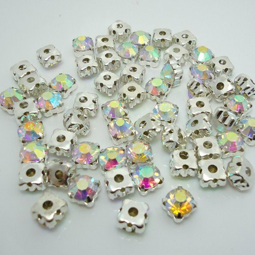 Silver Plated Point Back 100 Sew On AB Glass Crystal Rhinestones