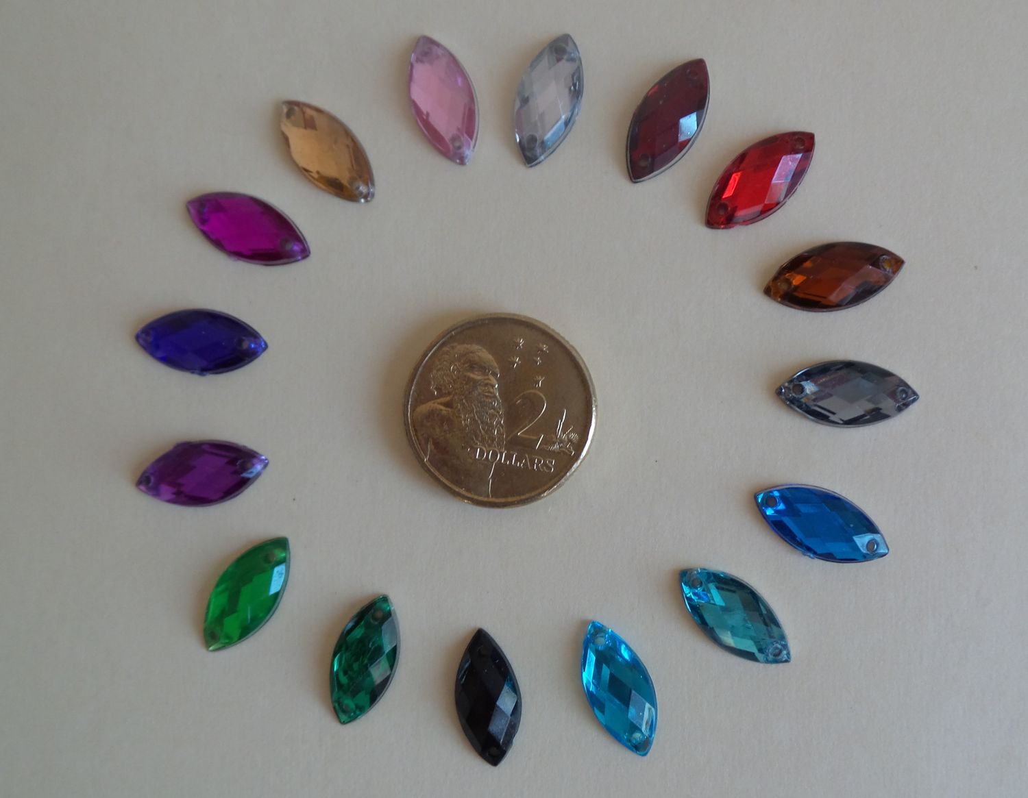 15*7mm DIY 2-Holes 100 Sew-On Navette Flatback Coloured Rhinestones
