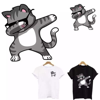 Washable T-shirt Iron-on Transfers - Dabbing Cat (Set of 2, 1 Big + 1 Small)