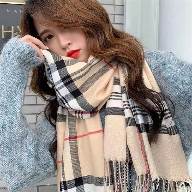 Classic Beige Tartan Scarf Soft Warm Winter Wrap with Tassels