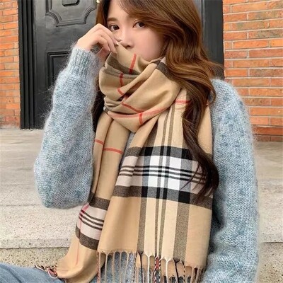 Classic Beige Tartan Scarf Soft Warm Winter Wrap with Tassels