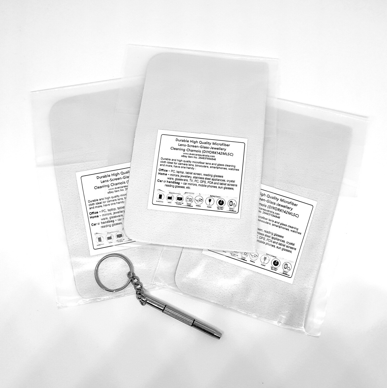 3 x Microfiber Lens-Screen-Glass-Jewellery Cleaning Chamois + free multi-purpose 3 in 1 optical screwdriver key chain