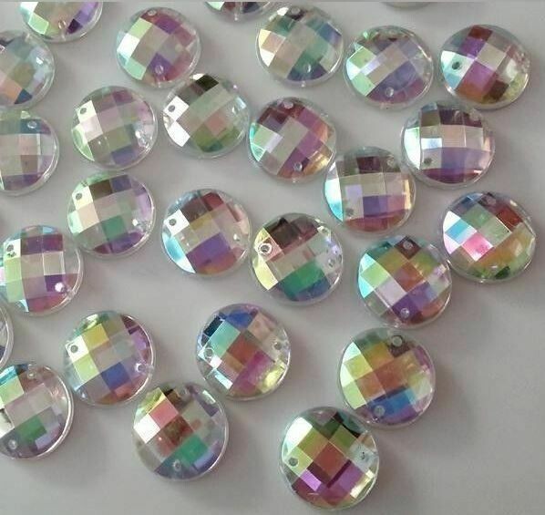 12mm 2-Holes 100 Sew-On Round Flatback Facet Crystal AB Rhinestones