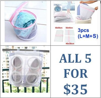 5+1 Pc Set x Laundry Mesh Washing Bags for shoes, bra, lingerie &amp; delicates + Free magic cleaning sponge