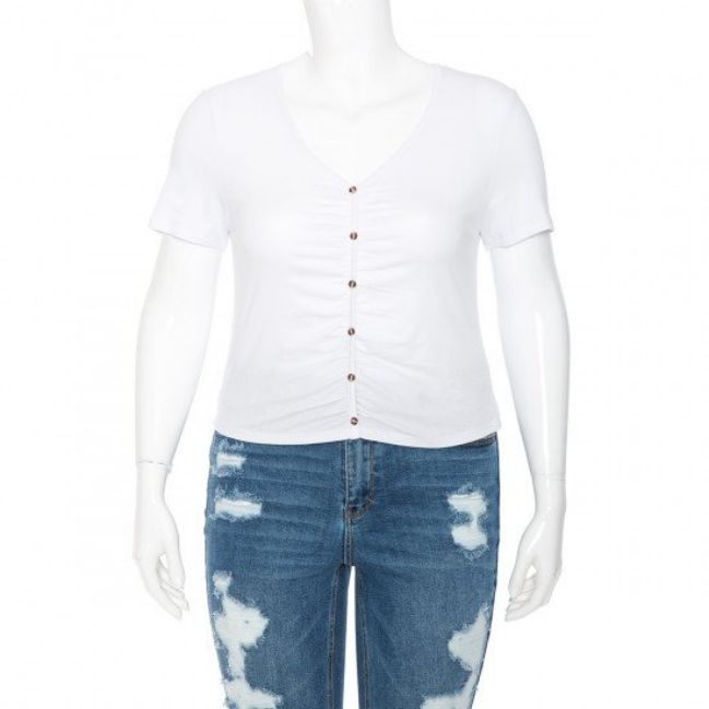 Ambiance - Women&#39;s V-Neck Ruch S/S Crop Top - 73386XL