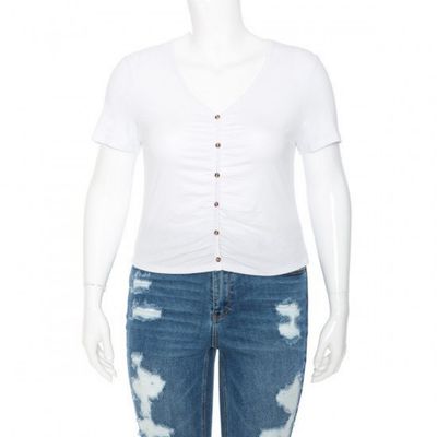 Ambiance - Women&#39;s V-Neck Ruch S/S Crop Top - 73386XL
