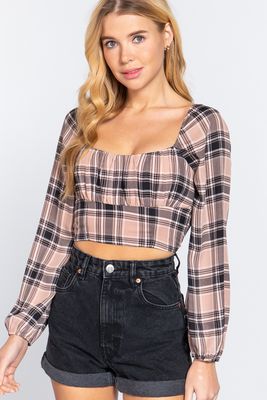 Long Slv Plaid Print Woven Crop Top - T13218