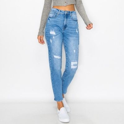 Wax Jean - Mended Destructed Mom Jean - 90255