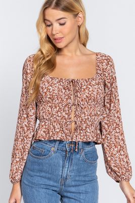 Active USA - Shirring W/ Ribbon Woven Top - T13216