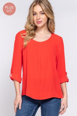 Active USA - (PLUS) 3/4 Roll Up Slv Pleated Blouse - T73620