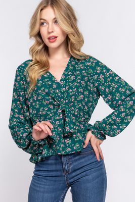 Active USA - Long Sleeve V-Neck Front Tie Print Woven Top - T13707
