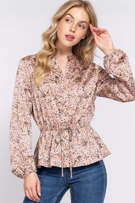 Elastic Waist Print Satin Blouse - T13622