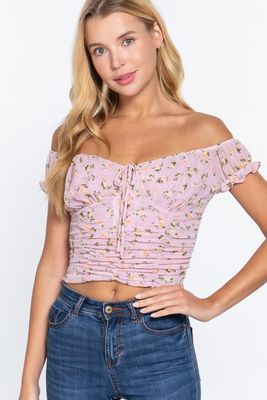 Ruffle Sleeve Ruched Smocked Woven Top- T13007