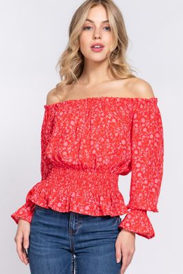 Active USA - Off Shoulder Smocking Print Blouse - T13602