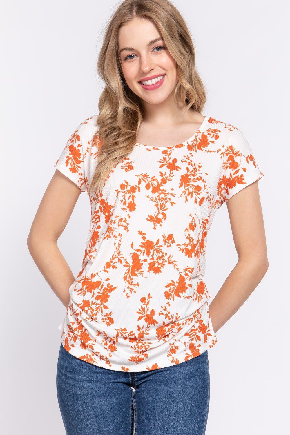 Active USA - Women’s Side Pleats Print Rib Knit Tp  - T13523