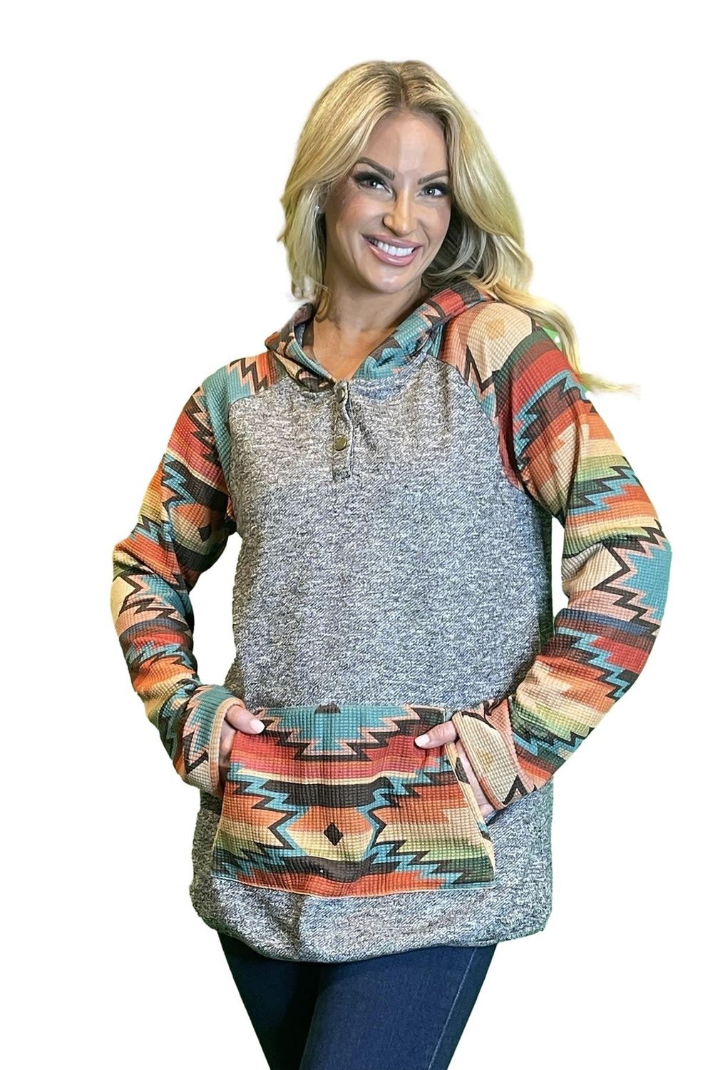 Women&#39;s Button Aztec Print Hoodie - T1261