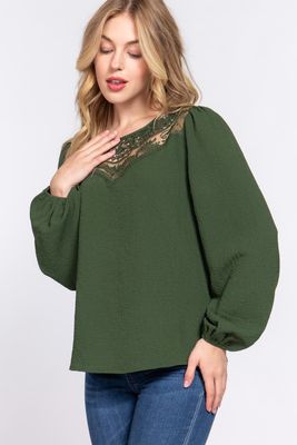 Active USA - Women&#39;s Crochet Lace Panel Woven Top - T13670